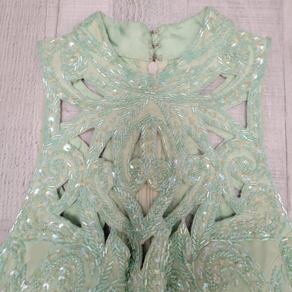 Mint Green Sleeveless Beaded Lace Dress With Halter Neck & Open Back Design - Picture 8 of 16
